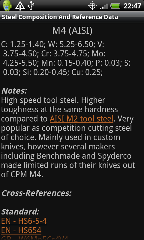 Knife Steel
Chart Steel Reference Information View